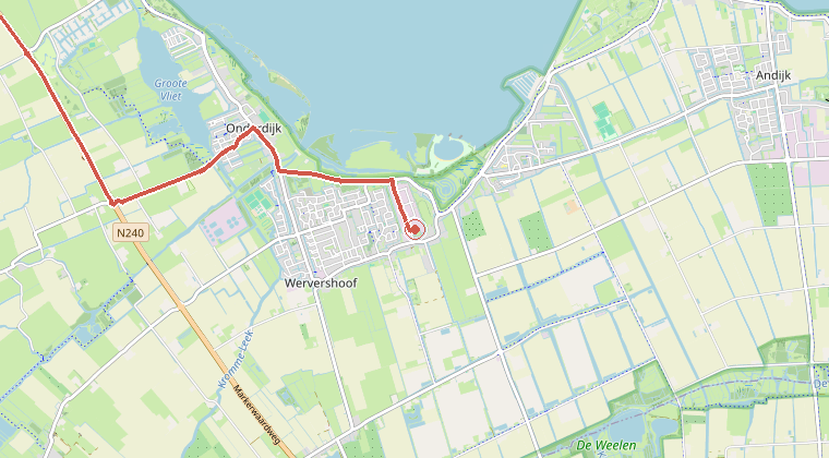 Kaart van de omgeving van de melding, met de kazerne die is gealarmeerd