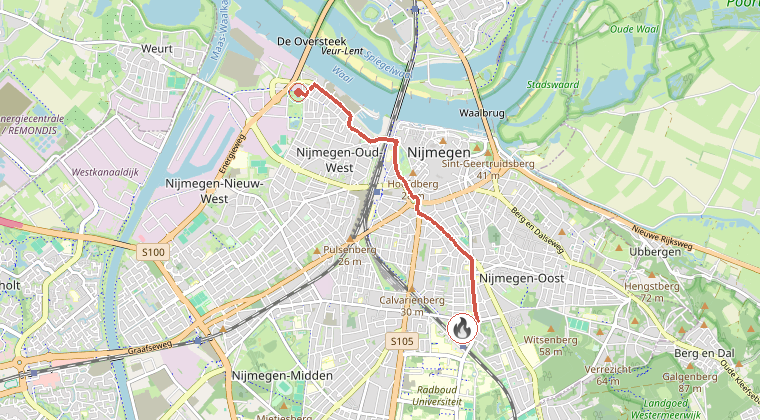 Kaart van de omgeving van de melding, met de kazerne die is gealarmeerd