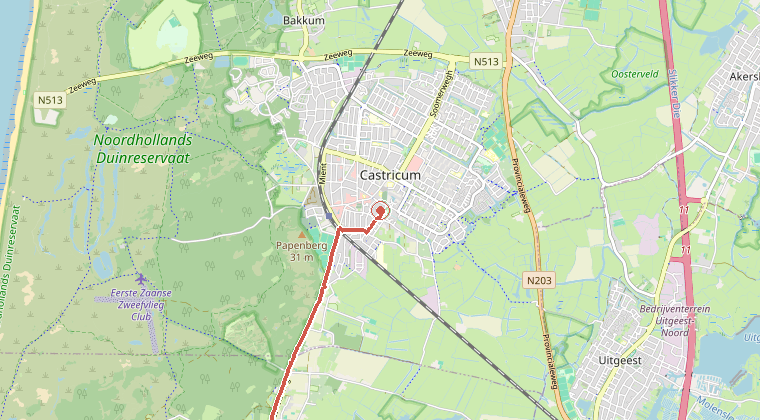 Kaart van de omgeving van de melding, met de kazerne die is gealarmeerd
