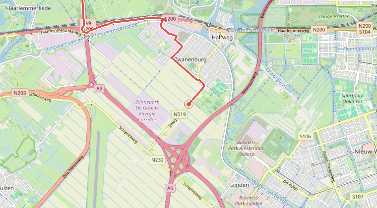 Kaart van de omgeving van de melding, met de kazerne die is gealarmeerd