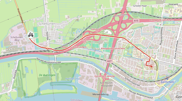 Kaart van de omgeving van de melding, met de kazerne die is gealarmeerd