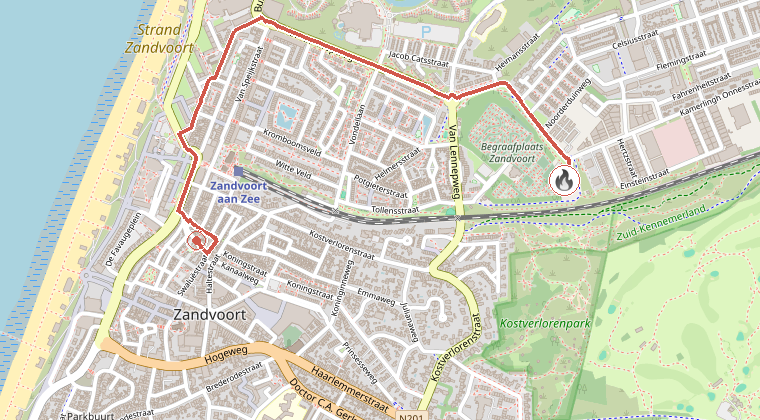 Kaart van de omgeving van de melding, met de kazerne die is gealarmeerd