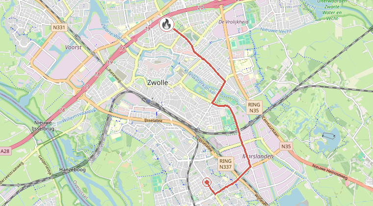 Kaart van de omgeving van de melding, met de kazerne die is gealarmeerd