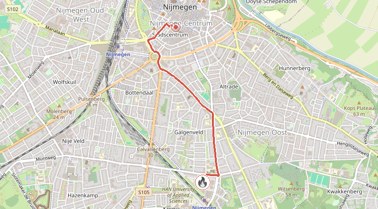 Kaart van de omgeving van de melding, met de kazerne die is gealarmeerd