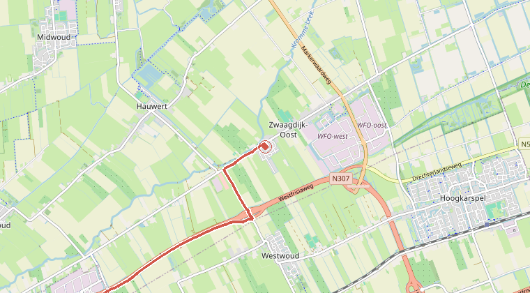 Kaart van de omgeving van de melding, met de kazerne die is gealarmeerd