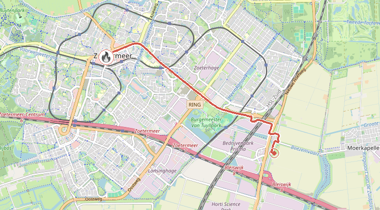 Kaart van de omgeving van de melding, met de kazerne die is gealarmeerd