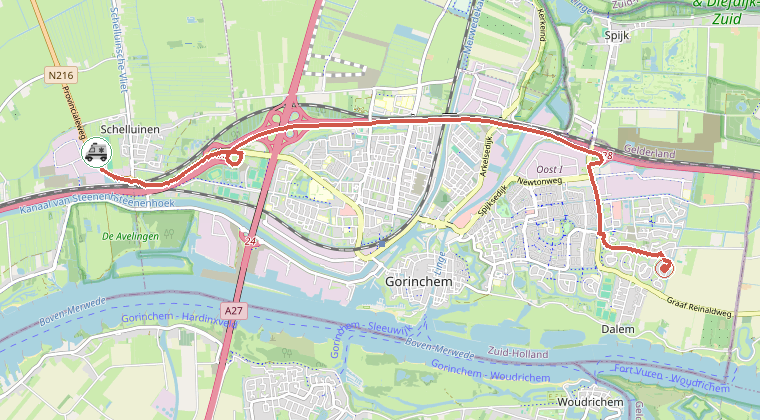 Kaart van de omgeving van de melding, met de kazerne die is gealarmeerd