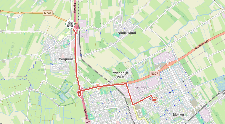 Kaart van de omgeving van de melding, met de kazerne die is gealarmeerd