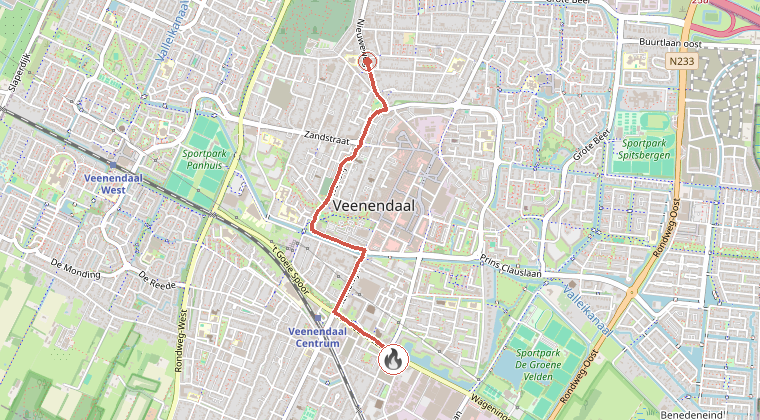 Kaart van de omgeving van de melding, met de kazerne die is gealarmeerd
