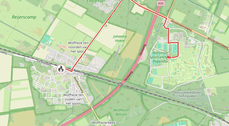 Kaart van de omgeving van de melding, met de kazerne die is gealarmeerd