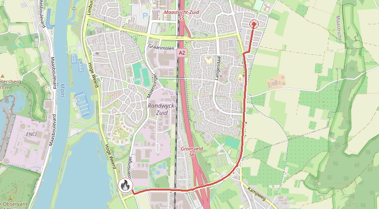 Kaart van de omgeving van de melding, met de kazerne die is gealarmeerd