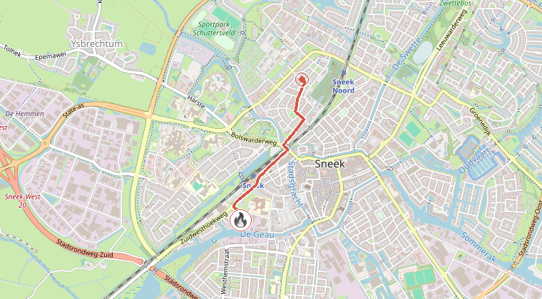 Kaart van de omgeving van de melding, met de kazerne die is gealarmeerd