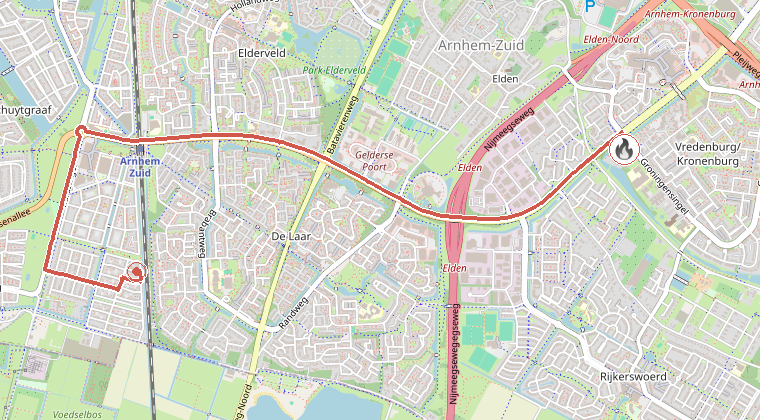 Kaart van de omgeving van de melding, met de kazerne die is gealarmeerd