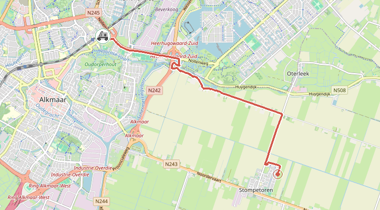 Kaart van de omgeving van de melding, met de kazerne die is gealarmeerd