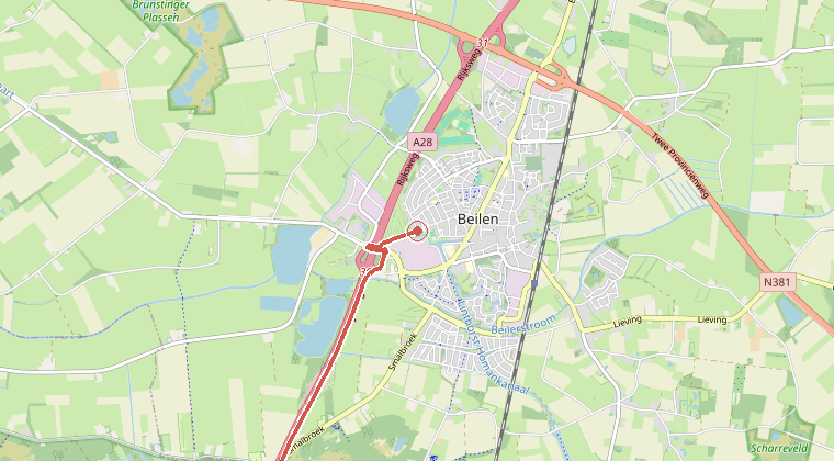 Kaart van de omgeving van de melding, met de kazerne die is gealarmeerd