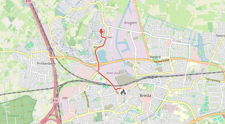 Kaart van de omgeving van de melding, met de kazerne die is gealarmeerd
