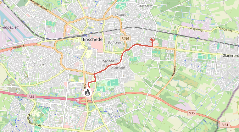 Kaart van de omgeving van de melding, met de kazerne die is gealarmeerd