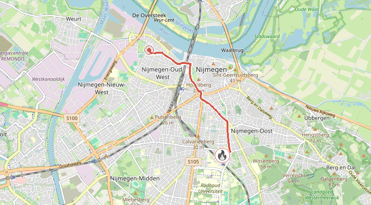Kaart van de omgeving van de melding, met de kazerne die is gealarmeerd
