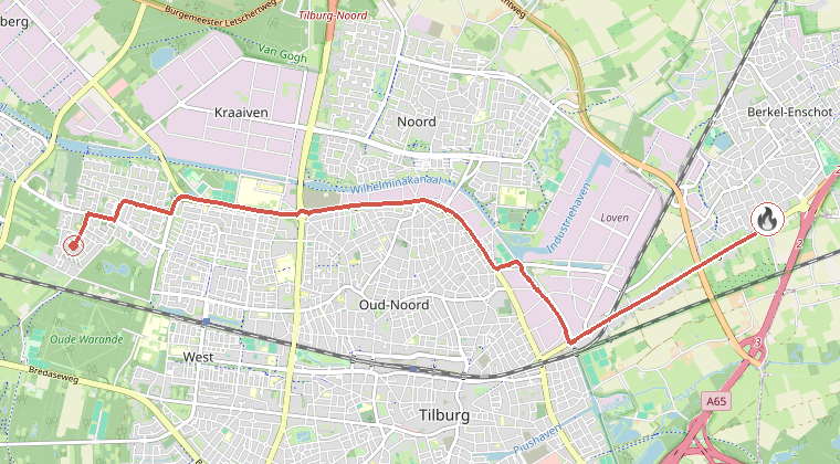 Kaart van de omgeving van de melding, met de kazerne die is gealarmeerd
