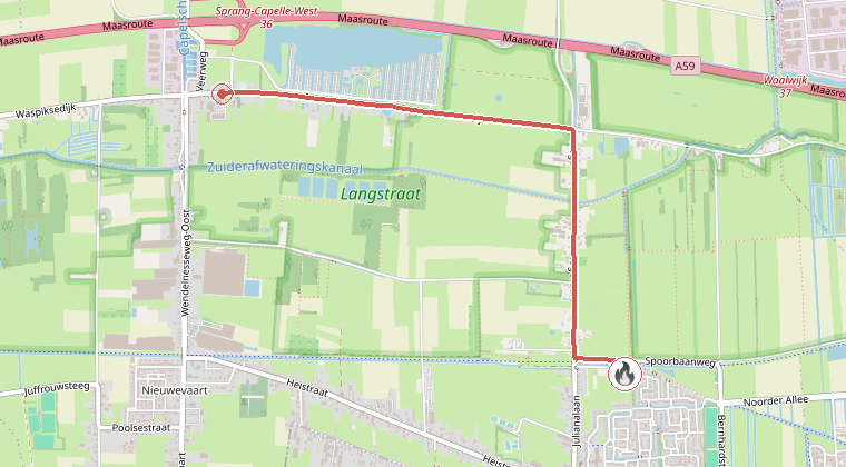 Kaart van de omgeving van de melding, met de kazerne die is gealarmeerd