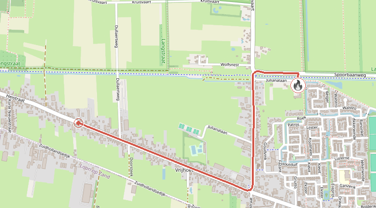 Kaart van de omgeving van de melding, met de kazerne die is gealarmeerd