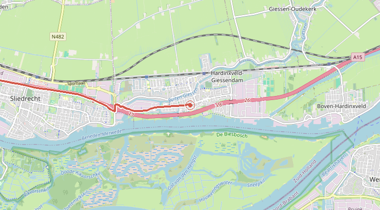 Kaart van de omgeving van de melding, met de kazerne die is gealarmeerd