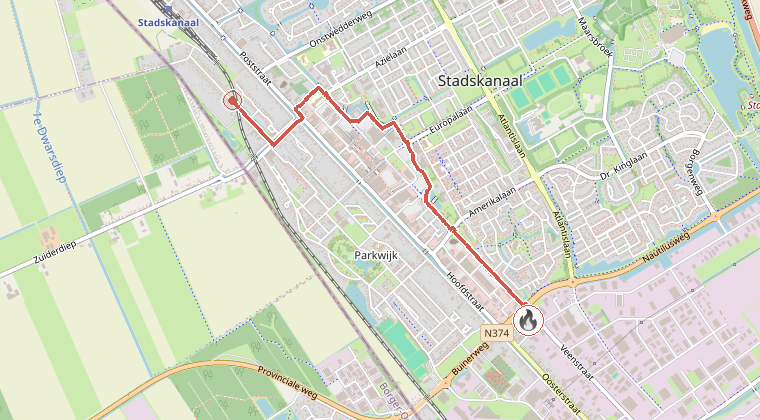 Kaart van de omgeving van de melding, met de kazerne die is gealarmeerd