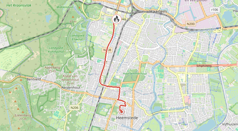 Kaart van de omgeving van de melding, met de kazerne die is gealarmeerd