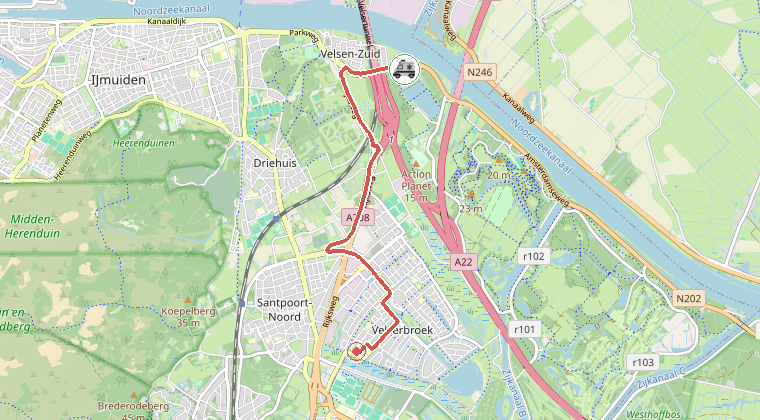 Kaart van de omgeving van de melding, met de kazerne die is gealarmeerd