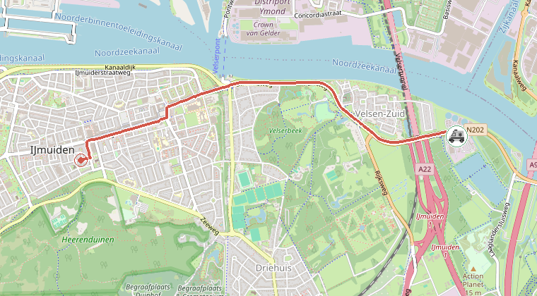 Kaart van de omgeving van de melding, met de kazerne die is gealarmeerd