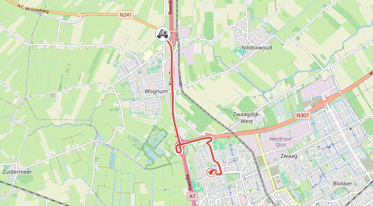 Kaart van de omgeving van de melding, met de kazerne die is gealarmeerd
