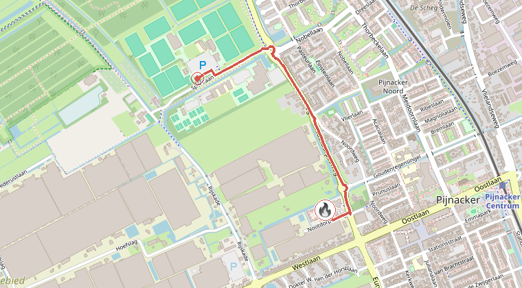 Kaart van de omgeving van de melding, met de kazerne die is gealarmeerd