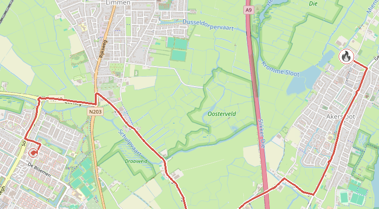 Kaart van de omgeving van de melding, met de kazerne die is gealarmeerd