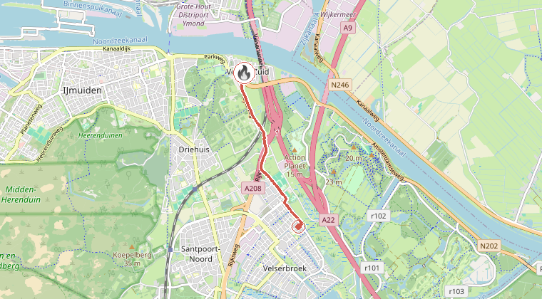 Kaart van de omgeving van de melding, met de kazerne die is gealarmeerd