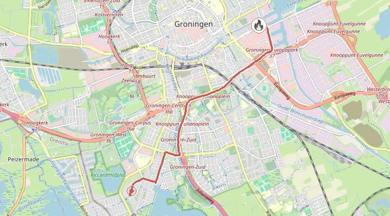 Kaart van de omgeving van de melding, met de kazerne die is gealarmeerd