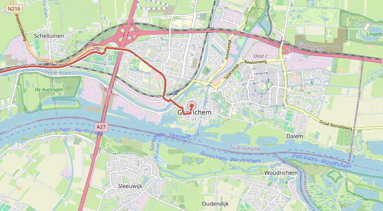 Kaart van de omgeving van de melding, met de kazerne die is gealarmeerd