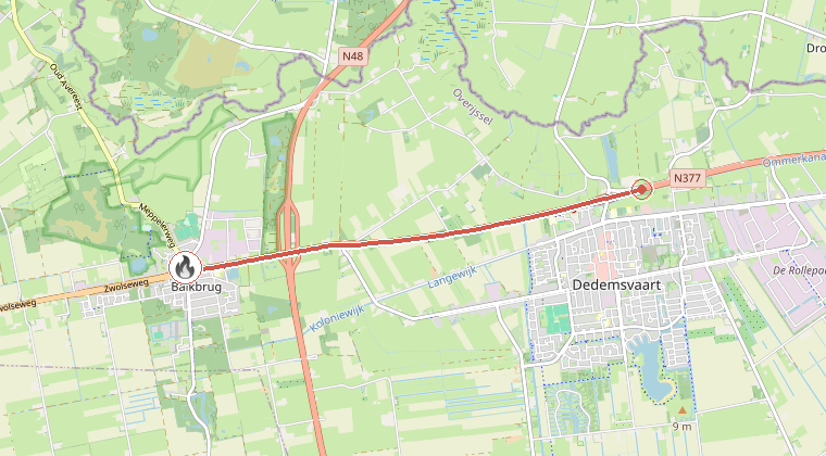 Kaart van de omgeving van de melding, met de kazerne die is gealarmeerd
