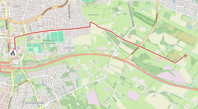 Kaart van de omgeving van de melding, met de kazerne die is gealarmeerd