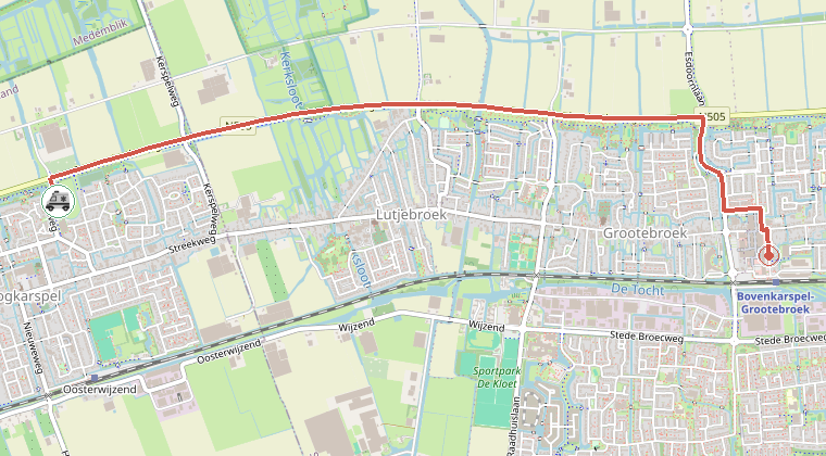 Kaart van de omgeving van de melding, met de kazerne die is gealarmeerd