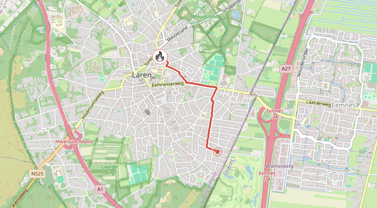 Kaart van de omgeving van de melding, met de kazerne die is gealarmeerd