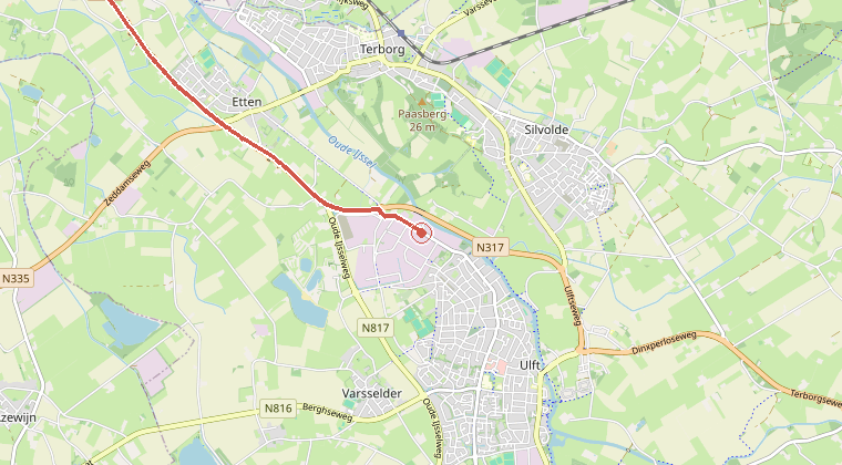 Kaart van de omgeving van de melding, met de kazerne die is gealarmeerd