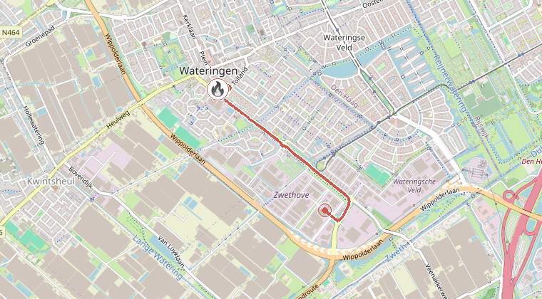 Kaart van de omgeving van de melding, met de kazerne die is gealarmeerd