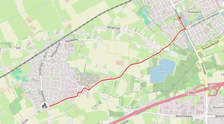Kaart van de omgeving van de melding, met de kazerne die is gealarmeerd