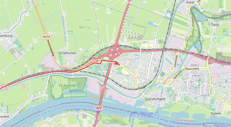 Kaart van de omgeving van de melding, met de kazerne die is gealarmeerd