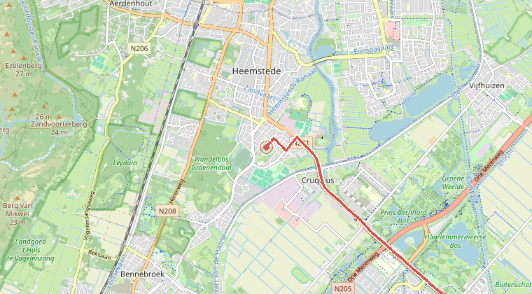 Kaart van de omgeving van de melding, met de kazerne die is gealarmeerd