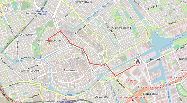 Kaart van de omgeving van de melding, met de kazerne die is gealarmeerd