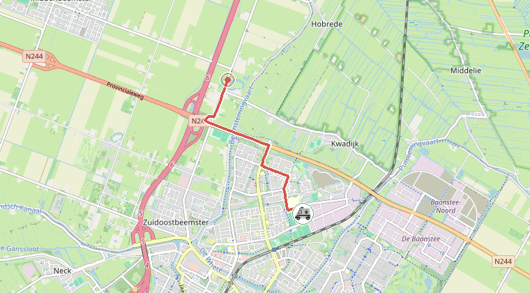 Kaart van de omgeving van de melding, met de kazerne die is gealarmeerd