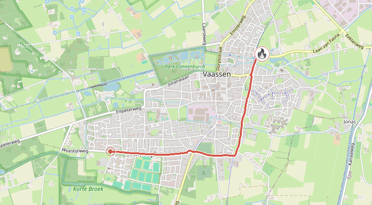 Kaart van de omgeving van de melding, met de kazerne die is gealarmeerd