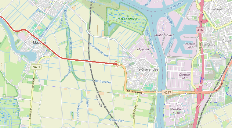 Kaart van de omgeving van de melding, met de kazerne die is gealarmeerd