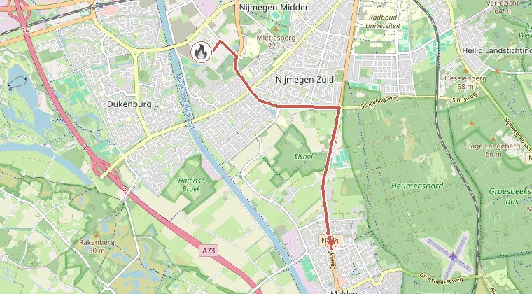 Kaart van de omgeving van de melding, met de kazerne die is gealarmeerd